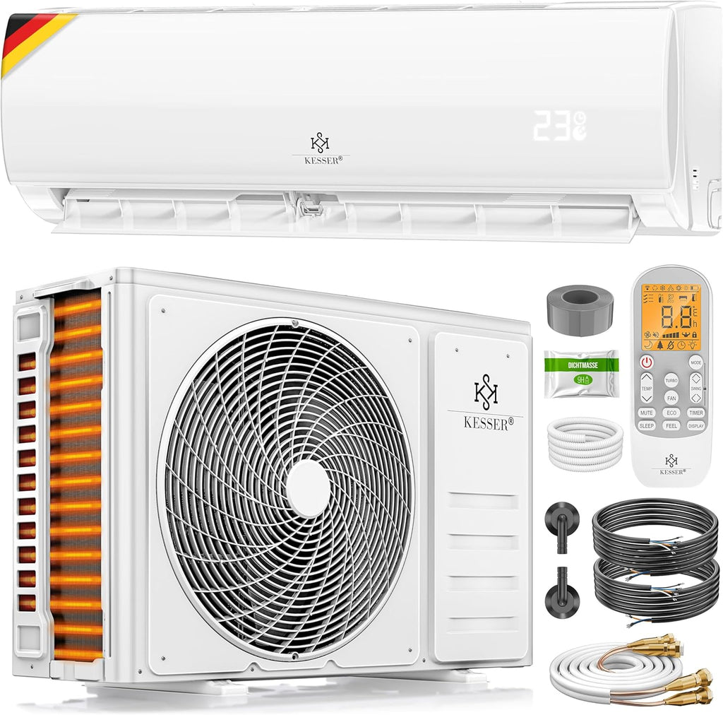 KESSER® Split Klimaanlage Set Quick Connect 12000 BTU 3,4 kW – WiFi & App Klimagerät mit Heizfunktion & Kühlmodus Wandklimaanlage, mit Kupferleitung Kältemittel R32 Inkl. Montagematerial