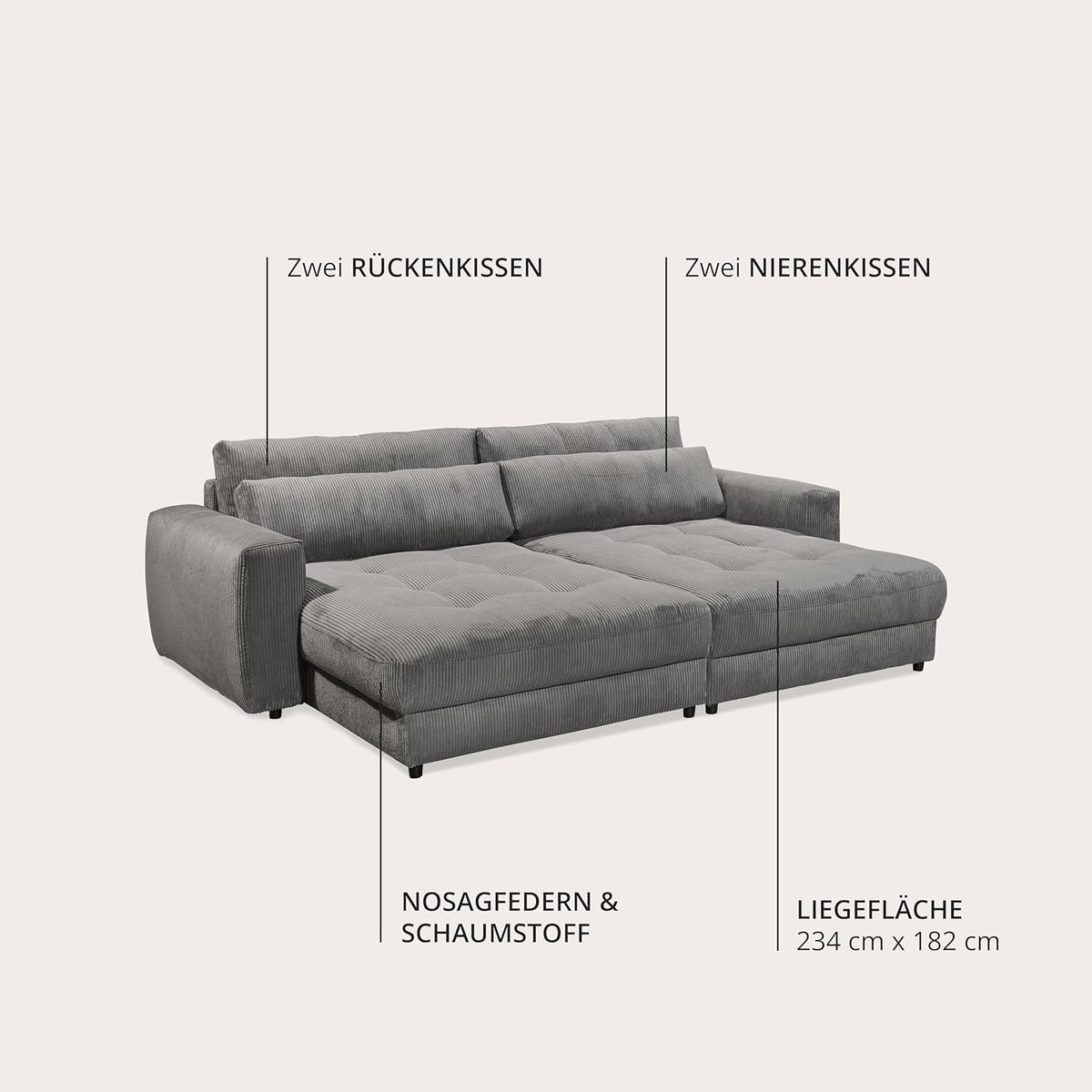 Big Sofa BARURA Cord dunkelgrau – XXL Couch mit großer Liegefläche, modernes Sofa 292x194 cm inklusive Nierenkissen