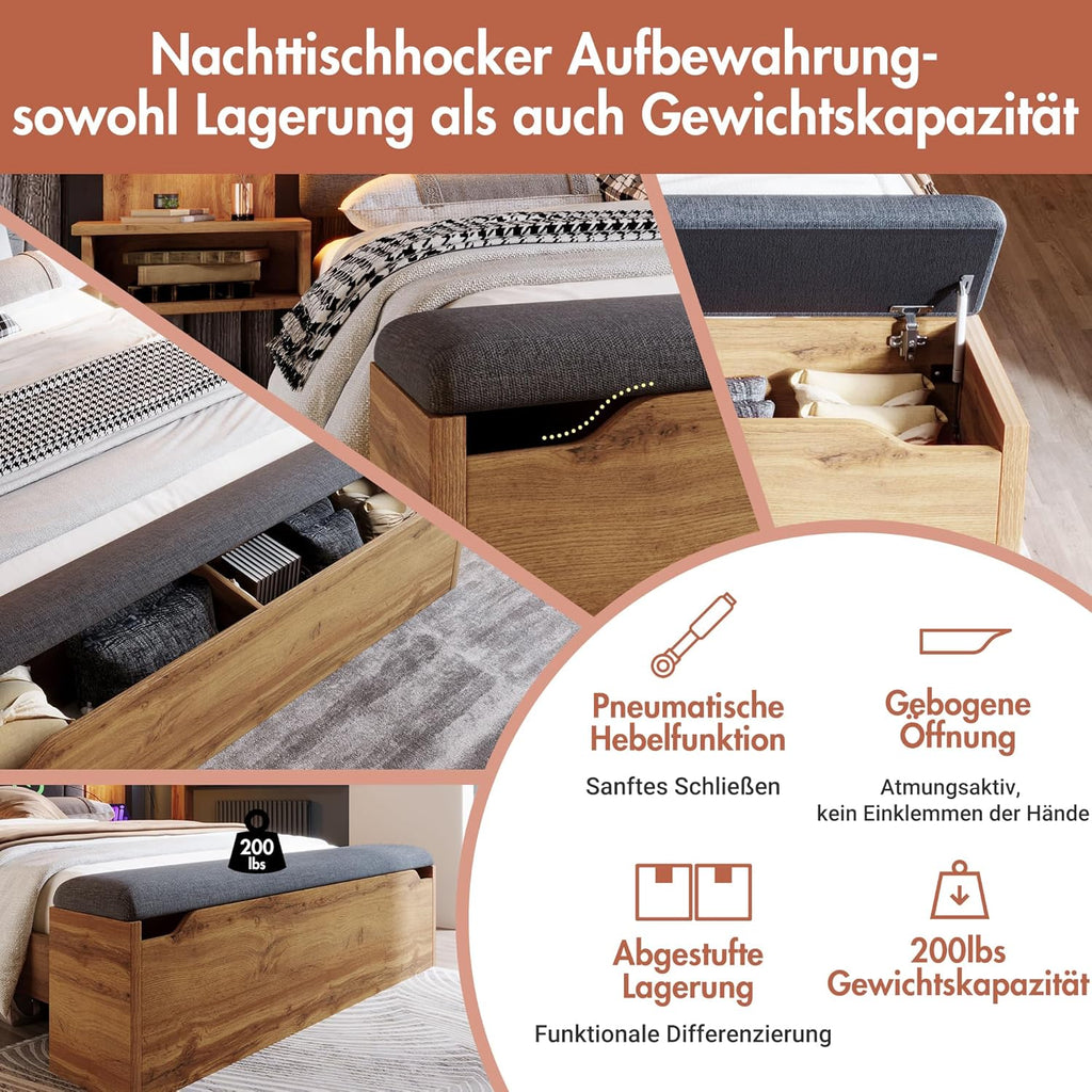 Kebnor Doppelbett Polsterbett, Bettanlage mit Leselampe und USB C Nachttisch und Sitzbank mit Stauraum, Bettgestell mit Lattenrost aus Metall, Holz und Leinen, Eiche(Ohne Matratze) (180×200cm)