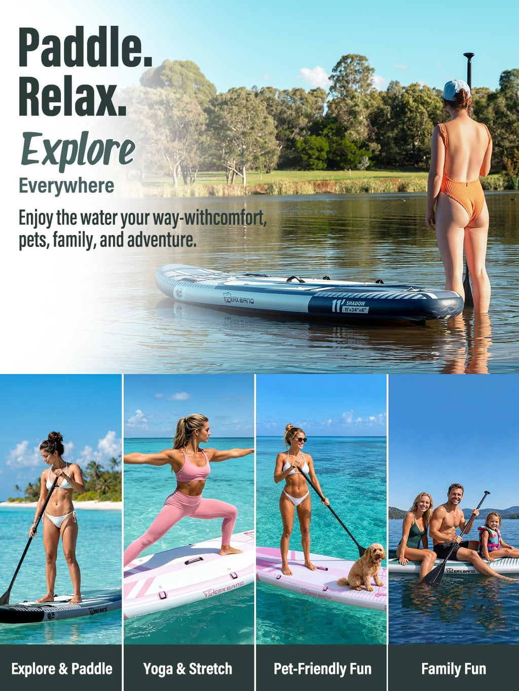 TIGERXBANG Aufblasbares Stand-Up-Paddle-Board mit Zubehör 335 × 86 × 15 cm, SUP Board für Erwachsene, Kollektion Shadow
