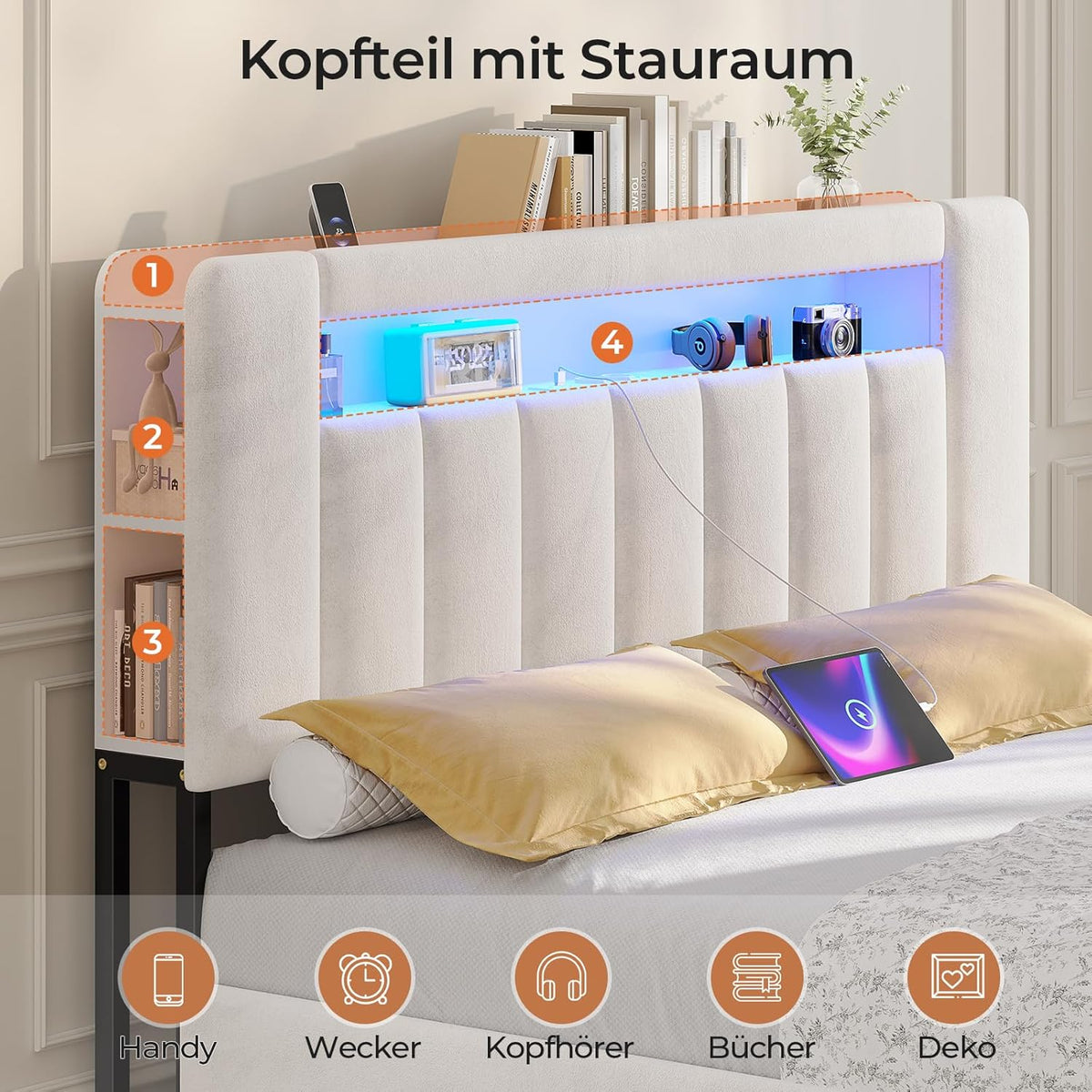 AOGLLATI Polsterbett 160x200 cm mit Stauraum - 4 Schubladen, Doppelbett mit LED-Beleuchtung & Ladestation, Bettgestell mit Kopfteil aus Samt, Bett mit Lattenrost ohne Matratze