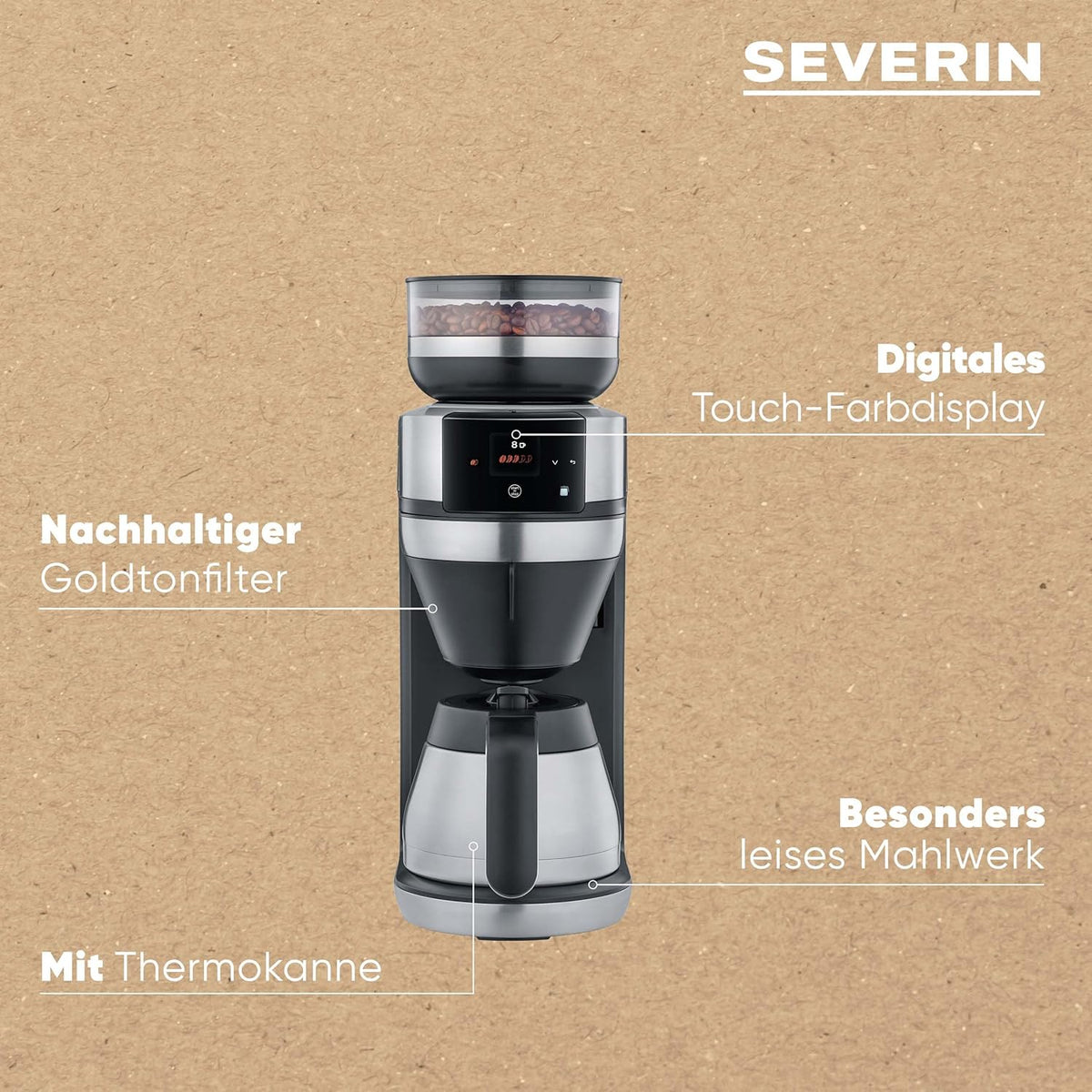 SEVERIN Filka, Vollautomat für Filterkaffee, 5-in-1 Filterkaffeemaschine mit LED-Display, Mahlwerk, mit Thermokanne, schwarz-matt, Edelstahl, KA 4853