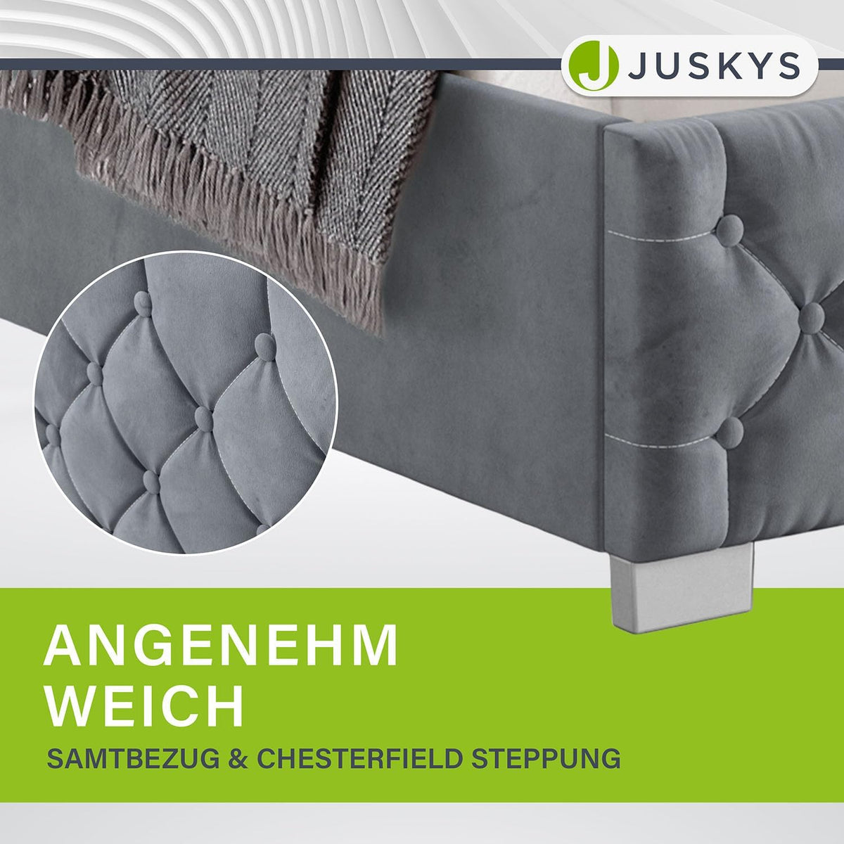Juskys Polsterbett Nizza 120x200 cm Samt mit Stauraum, LED Beleuchtung & Lattenrost - Chesterfield Steppung & Kopfteil - Bett Bettgestell - Grau