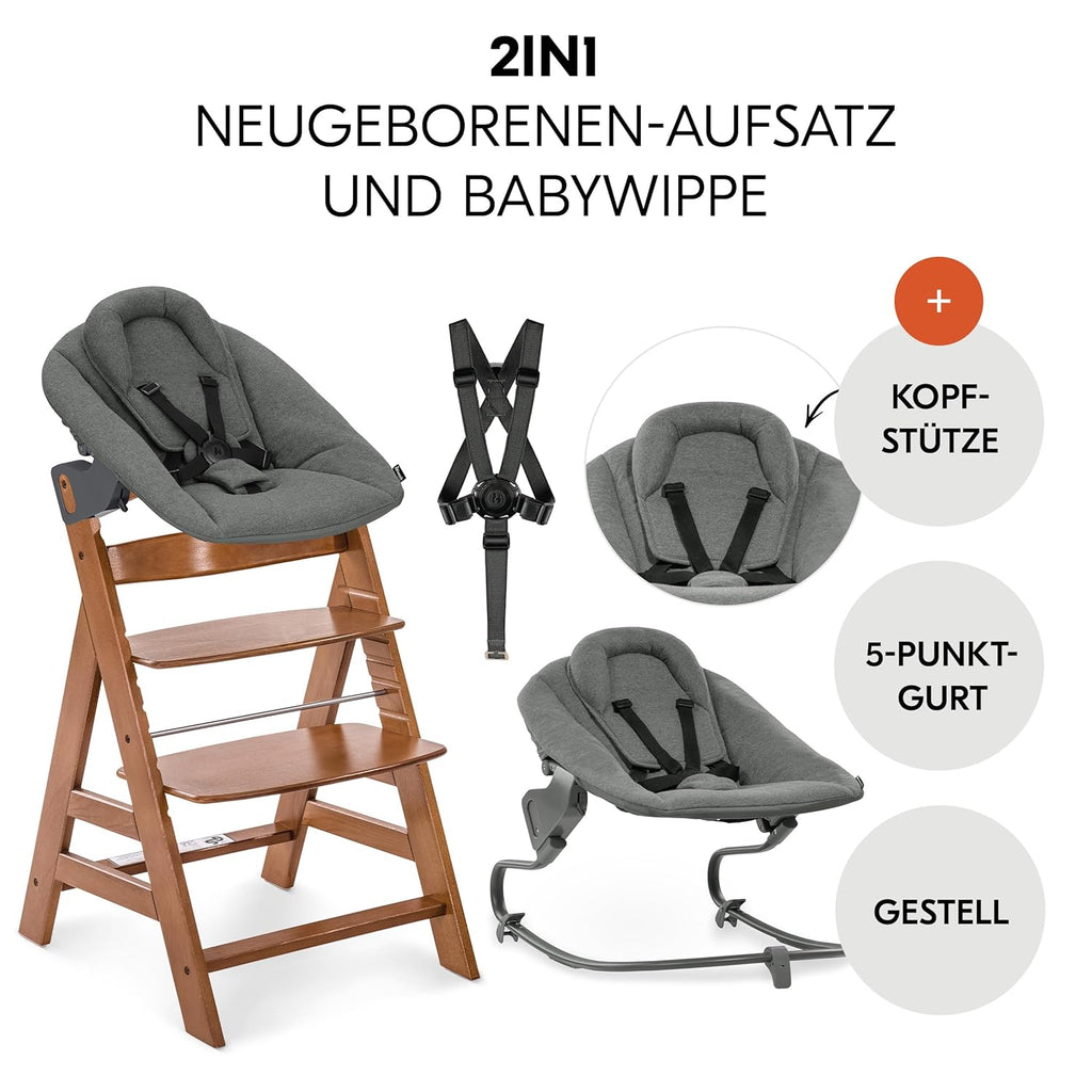 hauck Alpha+ Newborn Set mit Premium Bouncer Dark Grey - Baby Holz Hochstuhl ab Geburt mit Liegefunktion - extra flacher Aufsatz für Neugeborene & Sitzpolster - Walnuss
