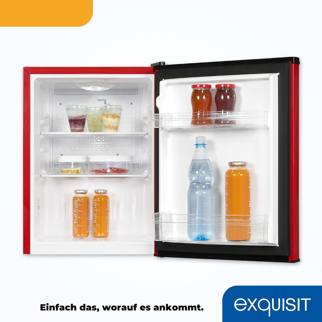 Exquisit Mini Kühlschrank KB60-V-090E rot | 52 l Nutzinhalt | LED-Innenbeleuchtung | Glasablagen | 45cm Breite
