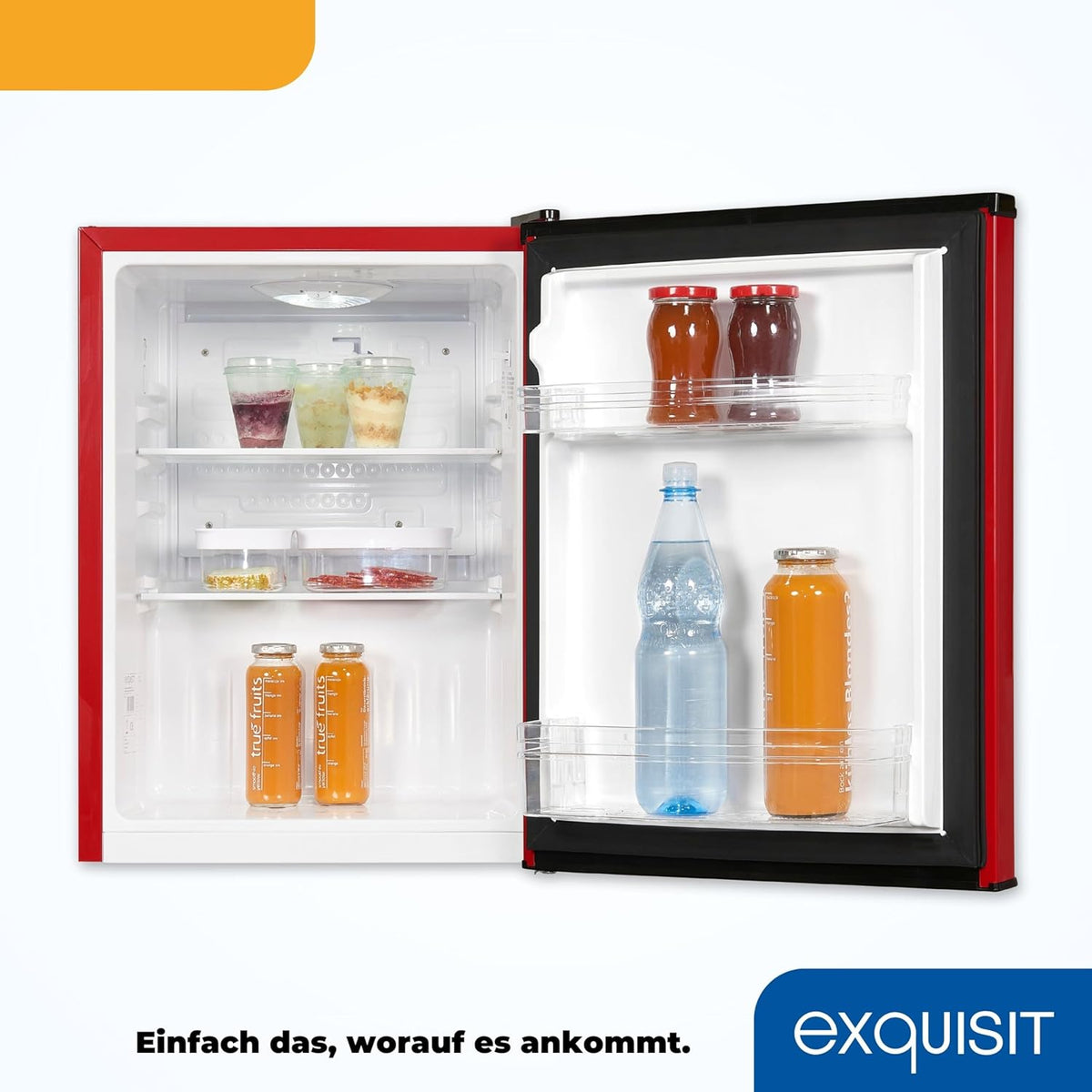 Exquisit Mini Kühlschrank KB60-V-090E rot | 52 l Nutzinhalt | LED-Innenbeleuchtung | Glasablagen | 45cm Breite