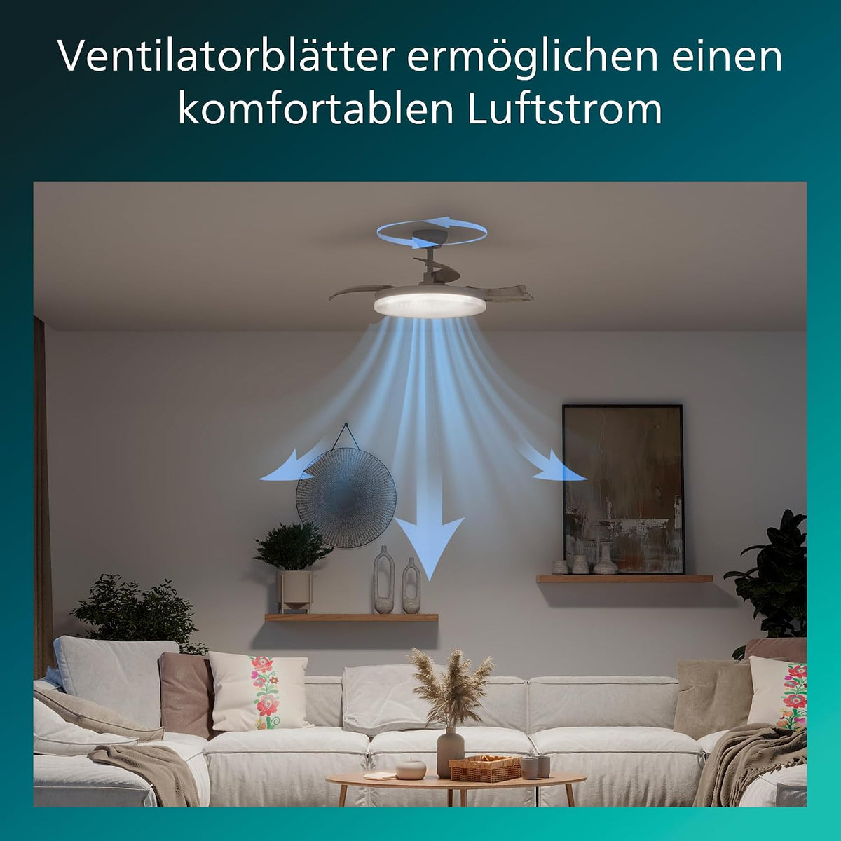 PHILIPS Solr Deckenventilator mit LED-Licht und Einziehbaren Flügeln, 3 Flügel, 106 cm Flügelspannweite, 4.500 Lumen, Drei Weißstufen (2.700 K/4.000 K/5.500 K), Dimmbar bis 10%, Inkl. Fernbed., Weiß