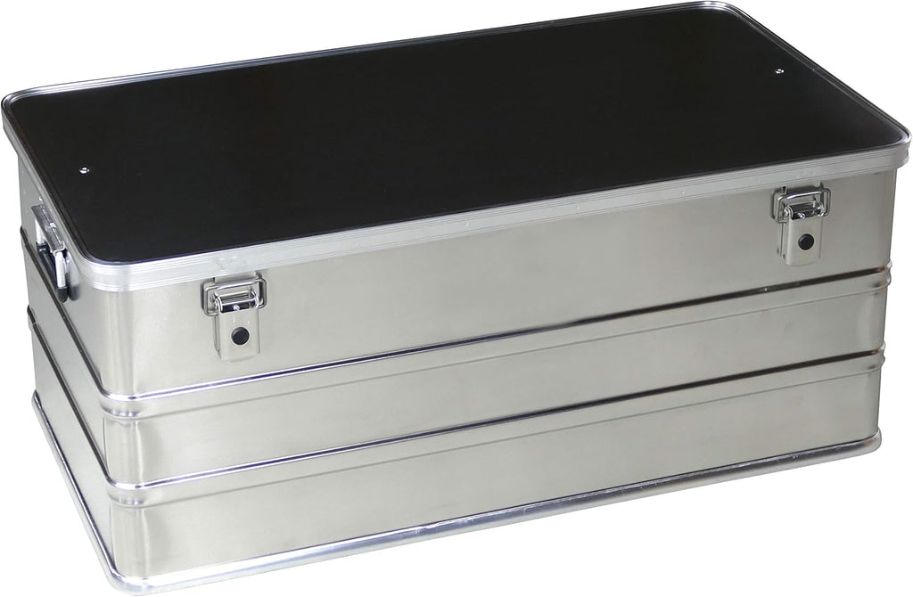 Aluminiumbox Alubox 140l Fassungsvermögen - Werkzeugkiste Staub- und Spritzwassergeschützt - Deichselbox Metallkiste Gartentruhe Alukiste Alu transportbox Werkzeugbox Aluminium Koffer