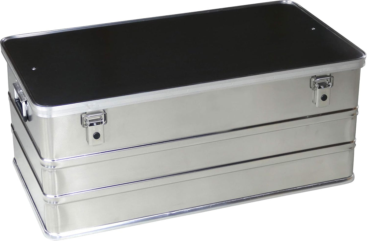 Aluminiumbox Alubox 140l Fassungsvermögen - Werkzeugkiste Staub- und Spritzwassergeschützt - Deichselbox Metallkiste Gartentruhe Alukiste Alu transportbox Werkzeugbox Aluminium Koffer