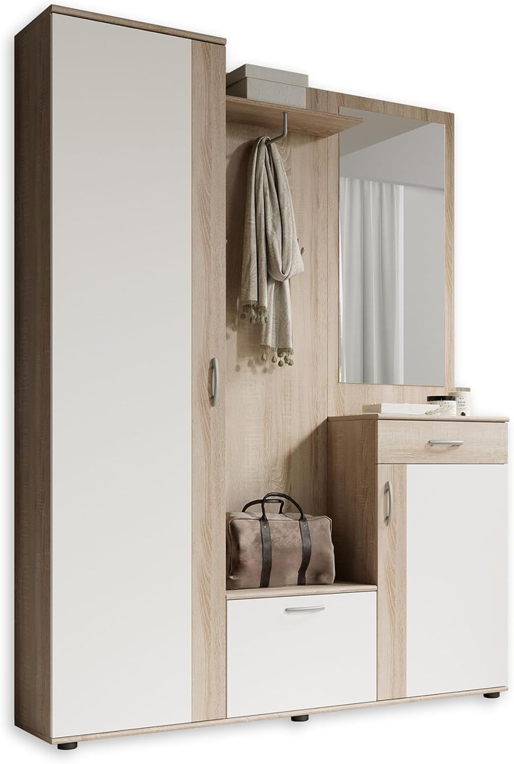 Stella Trading PATENT Flurgarderoben Set in Sonoma Eiche Optik, Weiß - Stylishe Kompaktgarderobe mit Spiegel für Ihren Eingangsbereich - 145 x 184 x 29 cm (B/H/T), Braun