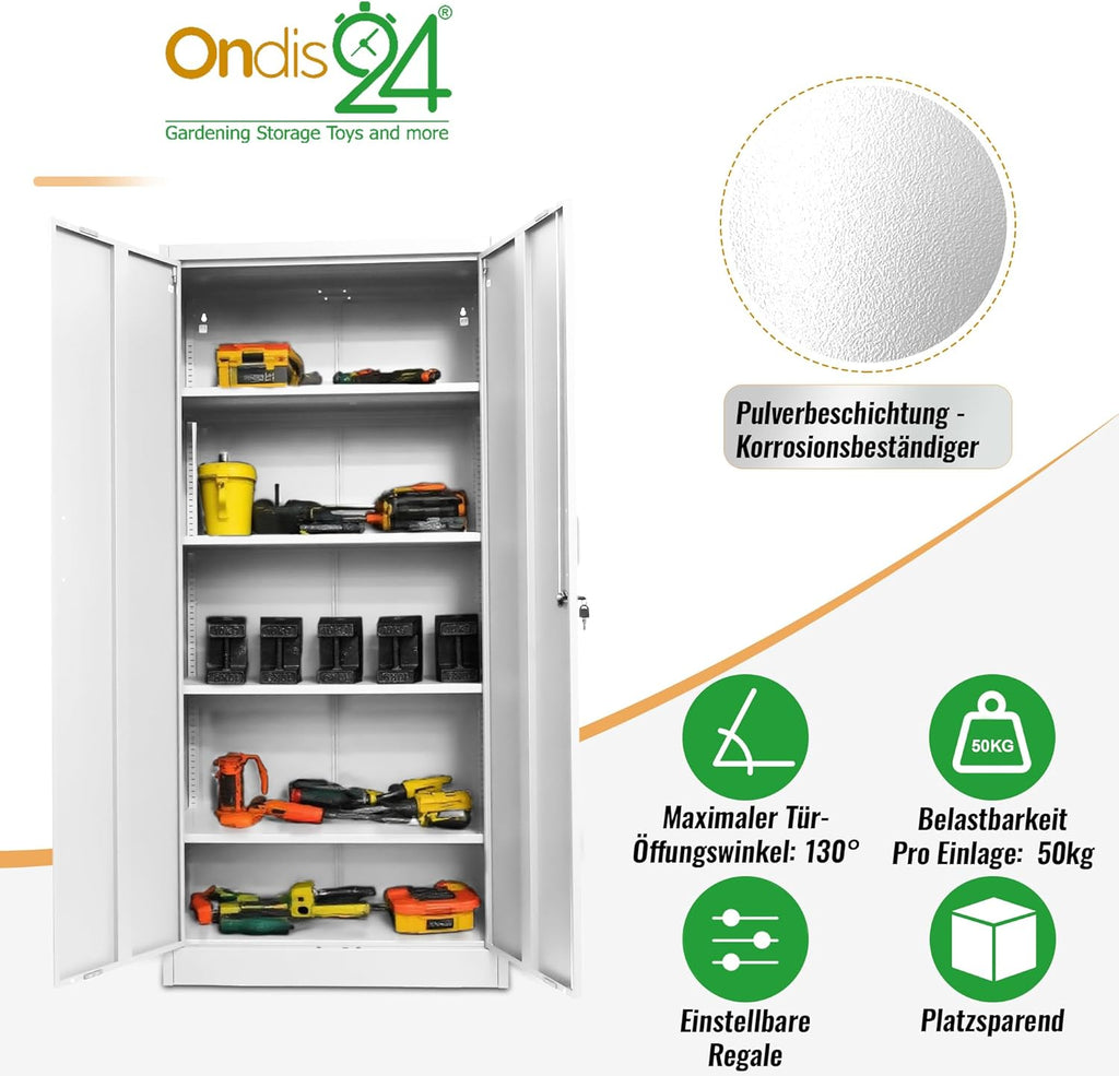 Ondis24 Aktenschrank, Mehrzweckschrank, Schloss, verstellbare Ablagen, Stabil, belastbar, Doppeltüren mit Türmagnet, Griffen Robust und sicher, werkzeugschrank, Büro, Werkstatt, Garage (Weiß 170)