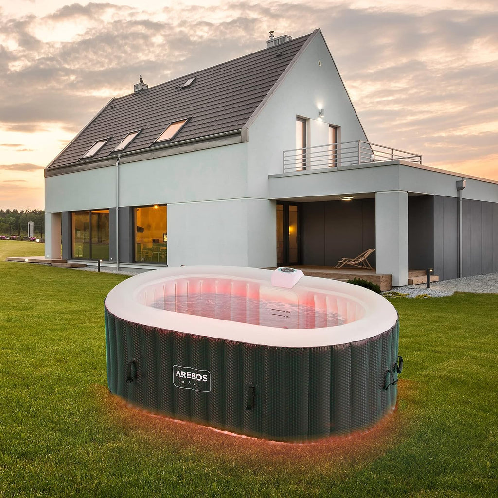 Arebos Whirlpool mit LED Beleuchtung | Aufblasbar | In- & Outdoor | 190x120 cm oval | 2 Personen | 90 Massagedüsen | mit Heizung | 550 Liter | Inkl. Abdeckung | Bubble Spa & Wellness Massage