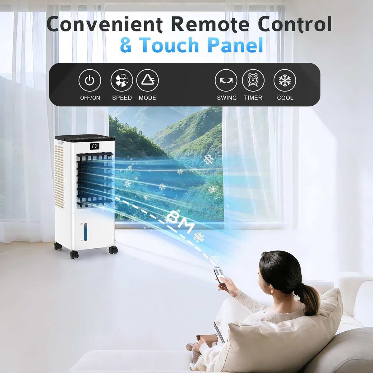 Klimaanlage Mobil Ohne Abluftschlauch, Verdunstungskühler Großer Wassertank 60W, Leiser Turmventilator Schlafmodus, 4 Modi 3 Geschwindigkeiten 1-12h Timer 60/120° Oszillierend Fernbedienung 4 Kühlakku