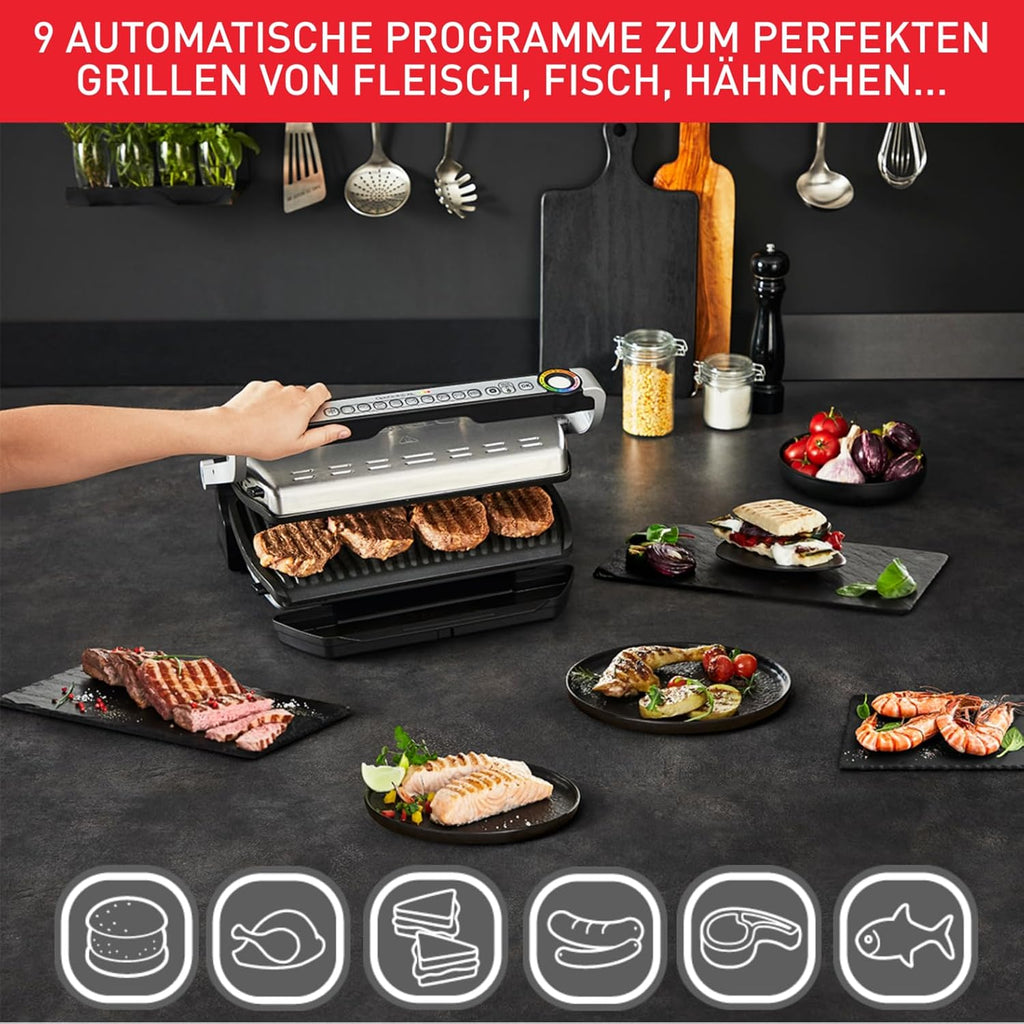 Tefal OptiGrill+ XL | Kontaktgrill mit automatischer Temperatur-Anpassung | 9 automatische Programme | XL-Grillfläche | inklusive Backschale | GC724D12