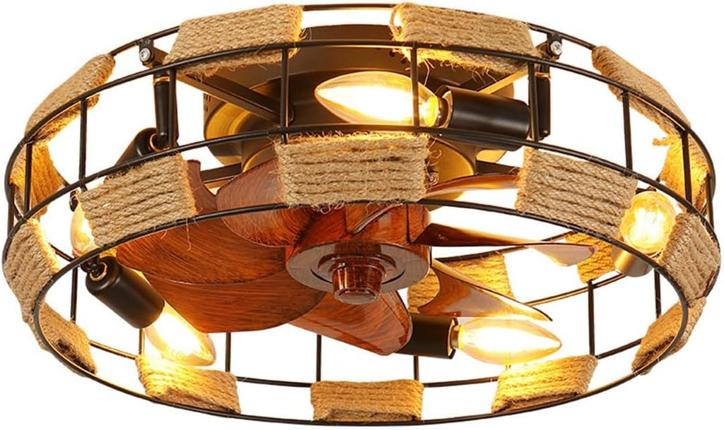 Deckenventilator Mit Beleuchtung, Leise Timer Vintage E27 Deckenlampe Mit Ventilator, Eisenkunst+Hanfseil Ventilator Retro 46W Deckenleuchte, 6-Gang-Einstellung, Für Schlafzimmer Wohnzimmer Esszimme