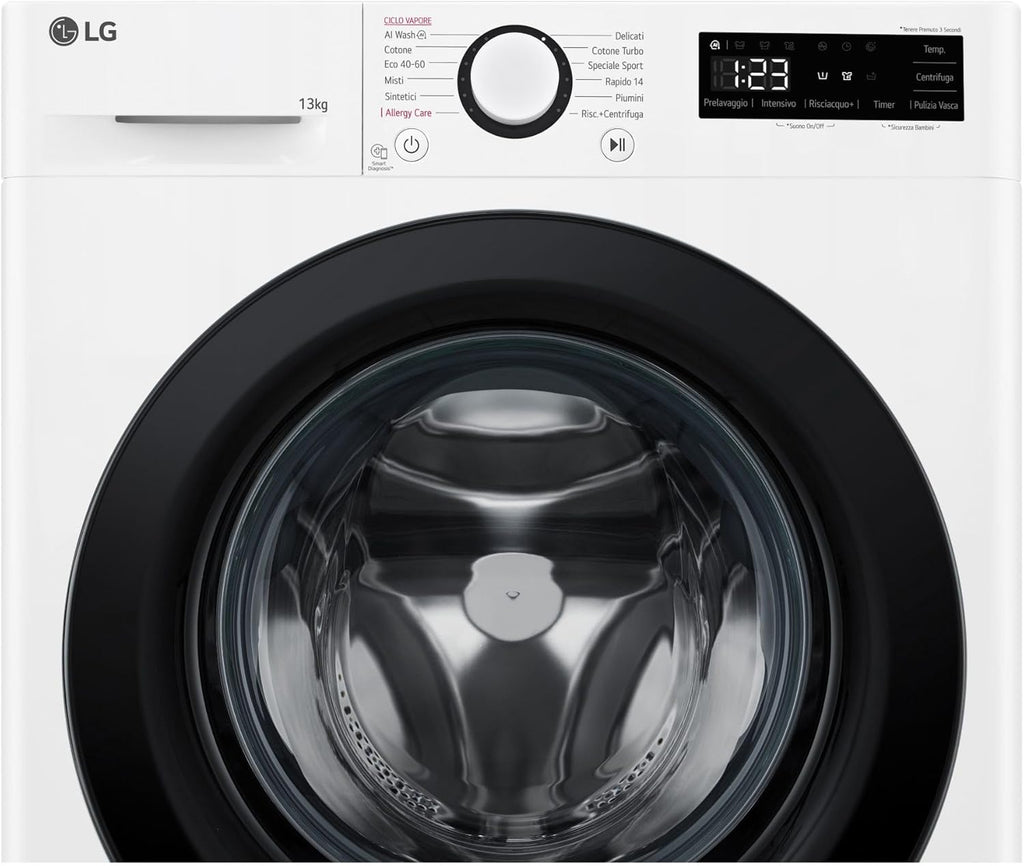LG AI DD F4R3013NSWB Waschmaschine mit Frontlader, 13 kg, Serie R3, Klasse A-20%, 1400 Umdrehungen, AIWash, Dampfwäsche, Motor Direct Drive, Blasenkorb, Smart Diagnosis, freistehend, Weiß