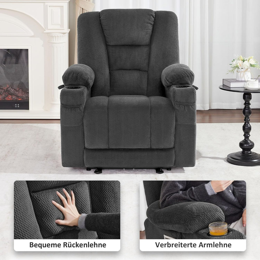 M MCombo Fernsehsessel elektrisch verstellbar, Relaxsessel mit Liegefunktion, TV Sessel mit Massage & Wärmefunktion, USB & Getränkehalter, 35D Vollschaum-Sitzkissen 7008 (Stoff, Dunkelgrau)