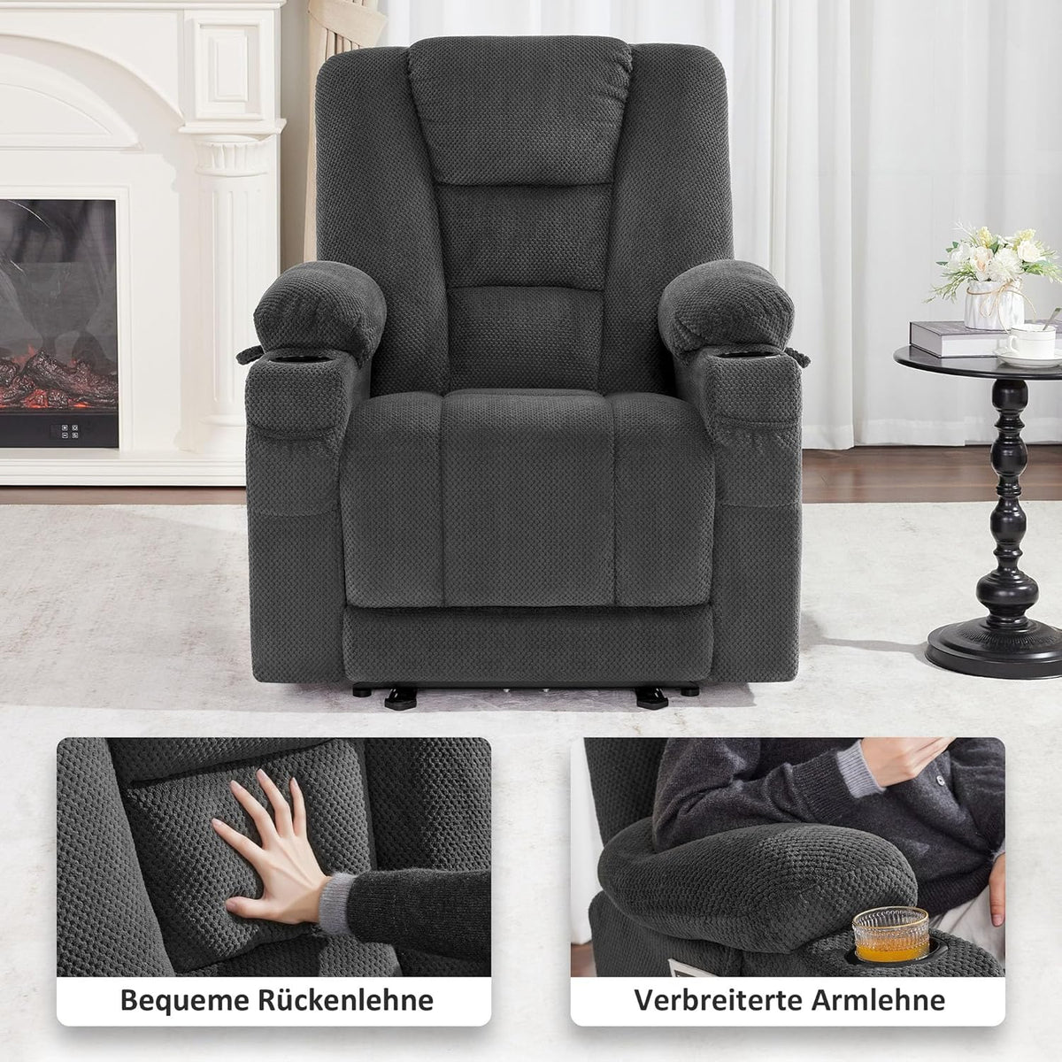 M MCombo Fernsehsessel elektrisch verstellbar, Relaxsessel mit Liegefunktion, TV Sessel mit Massage & Wärmefunktion, USB & Getränkehalter, 35D Vollschaum-Sitzkissen 7008 (Stoff, Dunkelgrau)
