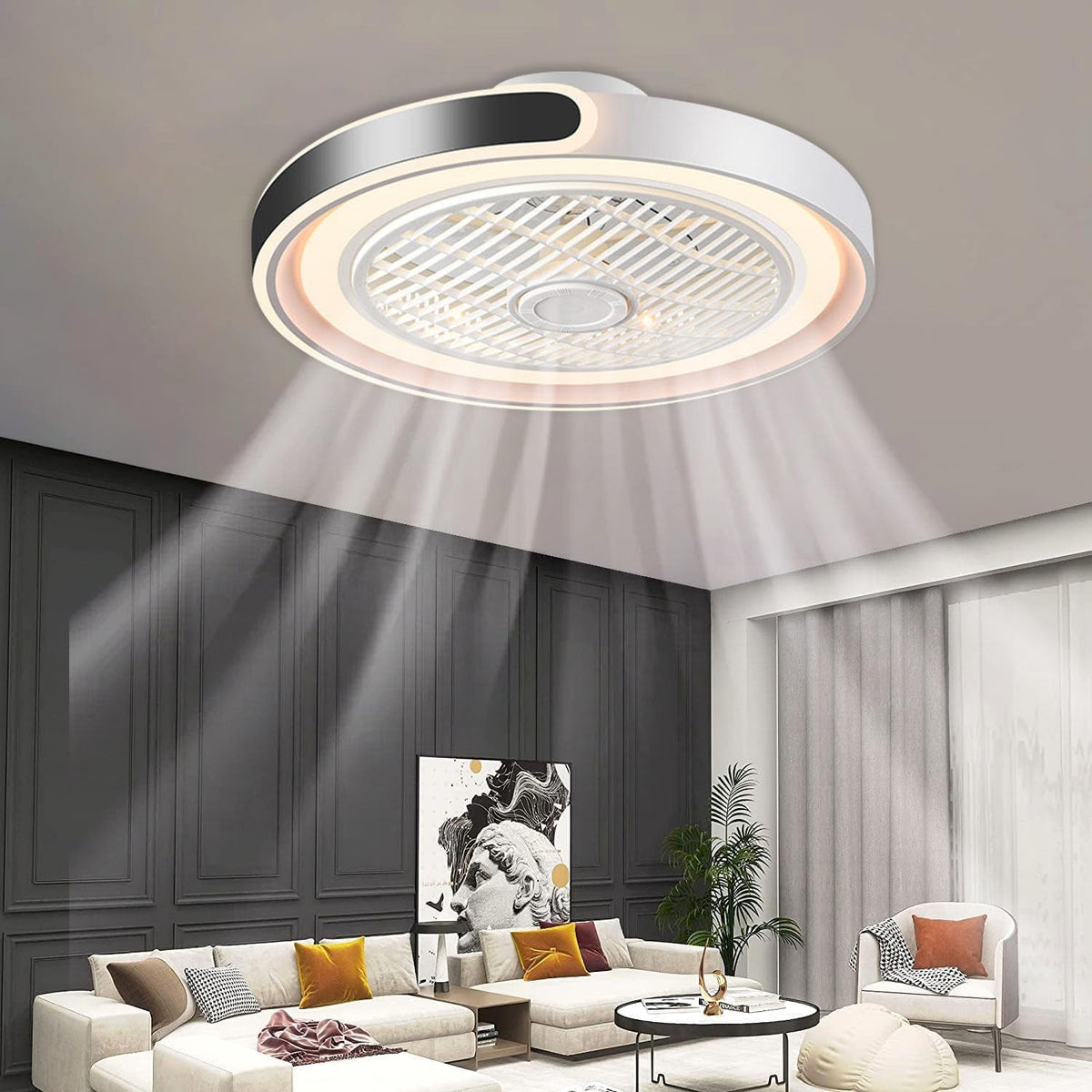 ASJK Deckenventilator mit Licht, Modern LED Dimmbar Deckenleuchte mit Ventilator und Fernbedienung Leise 72 W, 7200 lm, für Wohn, Schlaf- und Esszimmer, 6-Gang, Timer, Schwarz
