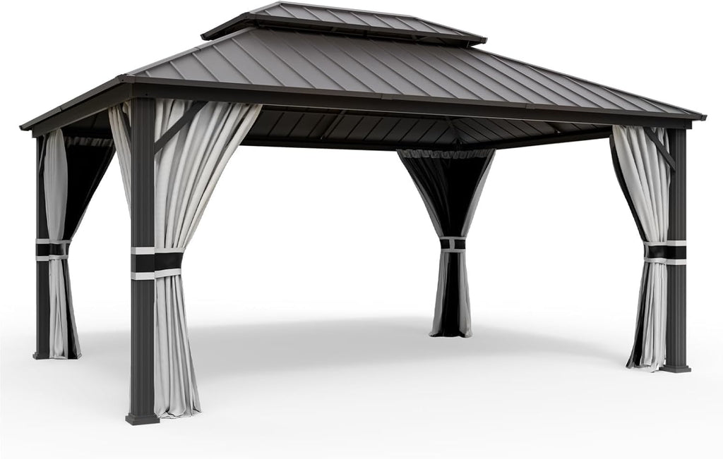 Amopatio 3.65 x 4.85 m Gartenpavillon Wasserdicht Stabil Winterfest Hardtop Pavillon, Verzinkter Stahl Doppeldach Aluminium Pavillon mit Moskitonetz und Vorhänge für Garten, Terrasse, Rasen, Grau