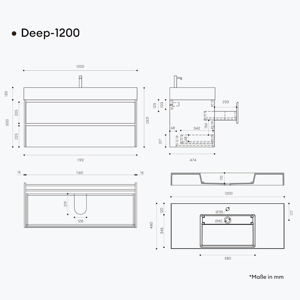 Mai & Mai Badmöbel Set Waschtisch mit Unterschrank Waschbeckenunterschrank 120x48x63cm in Anthrazit matt mit 2-Schubladen inkl. Waschbecken in Anthrazit Deep