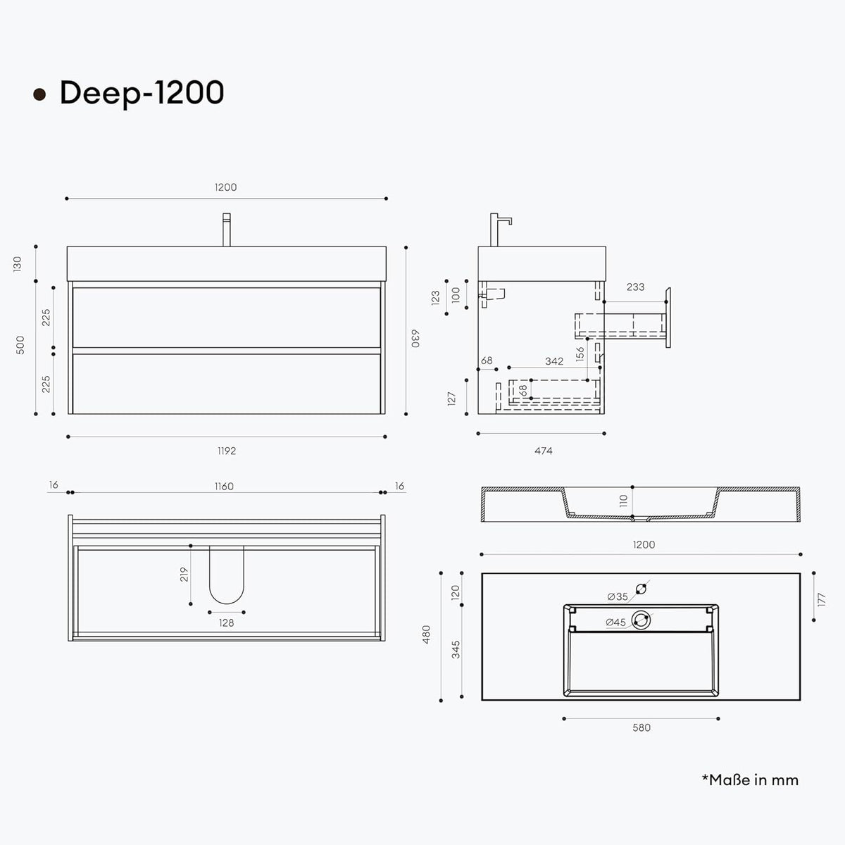 Mai & Mai Badmöbel Set Waschtisch mit Unterschrank Waschbeckenunterschrank 120x48x63cm in Anthrazit matt mit 2-Schubladen inkl. Waschbecken in Anthrazit Deep