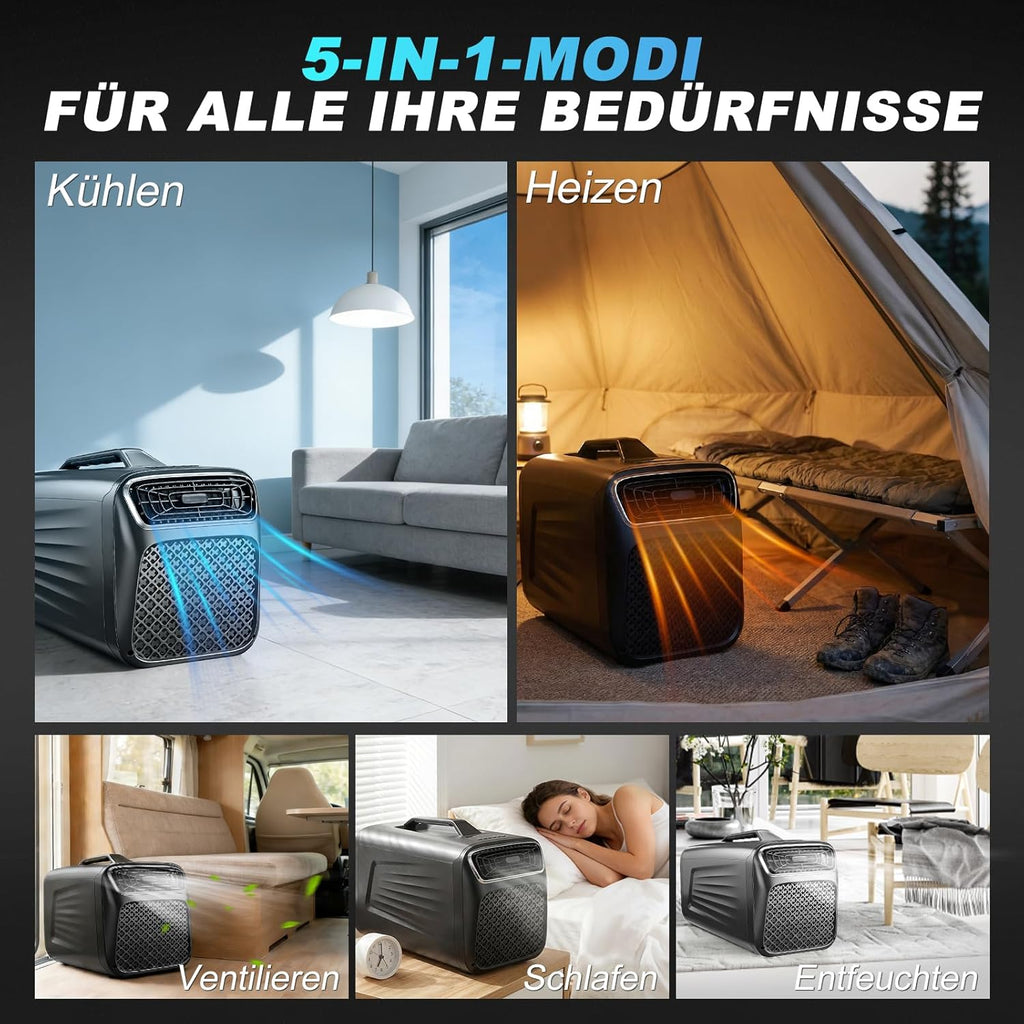 5200 BTU Mobile Klimaanlage mit Abluftschlauch, 10 sqm, 5 in 1 Klimagerät mit Kühlung Entfeuchter Ventilator Heizfunktion, Leise Klimaanlage, Tragbare Camping Klimaanlage für Zelt Wohnmobil Van