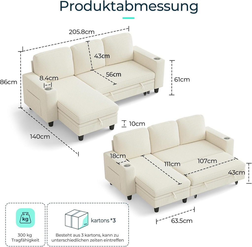 LINSY HOME Schlafsofa Ausziehbarer Couch, Ecksofa mit Schlaffunktion, Stauraum, Cord-Bezug L-Form Modulare Sofas mit Chaiselongue für Wohnzimmer und Wohnungen (Beige, L-Form)
