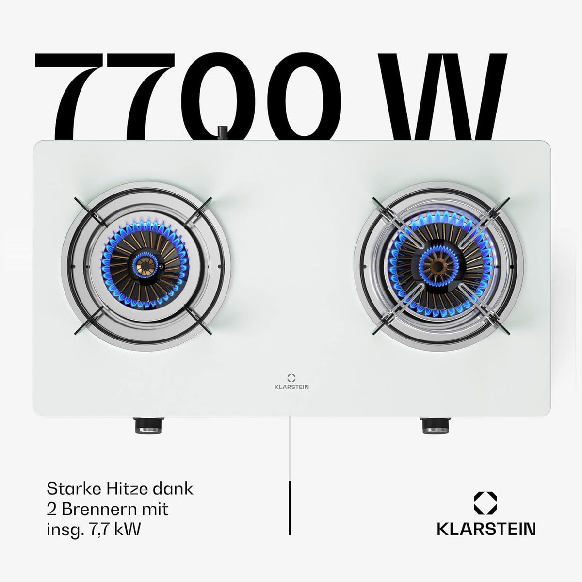 Klarstein Barzona Gaskochfeld, 2-Brenner Edelstahl & Glas, 7,7kW, Tragbarer Campingkocher mit Piezo-Zündung & Flammenausfallsicherung, Kompaktes und Tragbares Design, Weiß