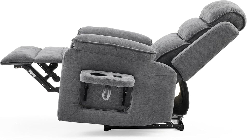 LEADZM Fernsehsessel Relaxsessel mit drahtloser Ladevorrichtung, 1 USB-Anschluss, 1 USB-C-Ladeanschluss, Liegen TV Sessel mit Massage Heizung, Getränkehalter (Dunkelgrau)