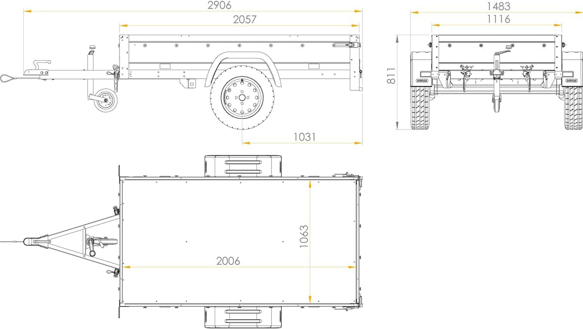 Gartenanhänger 200 Kipp mit Stützrad, Zwei Seitenwänden, H-0-Rahmen und Blauer Plane