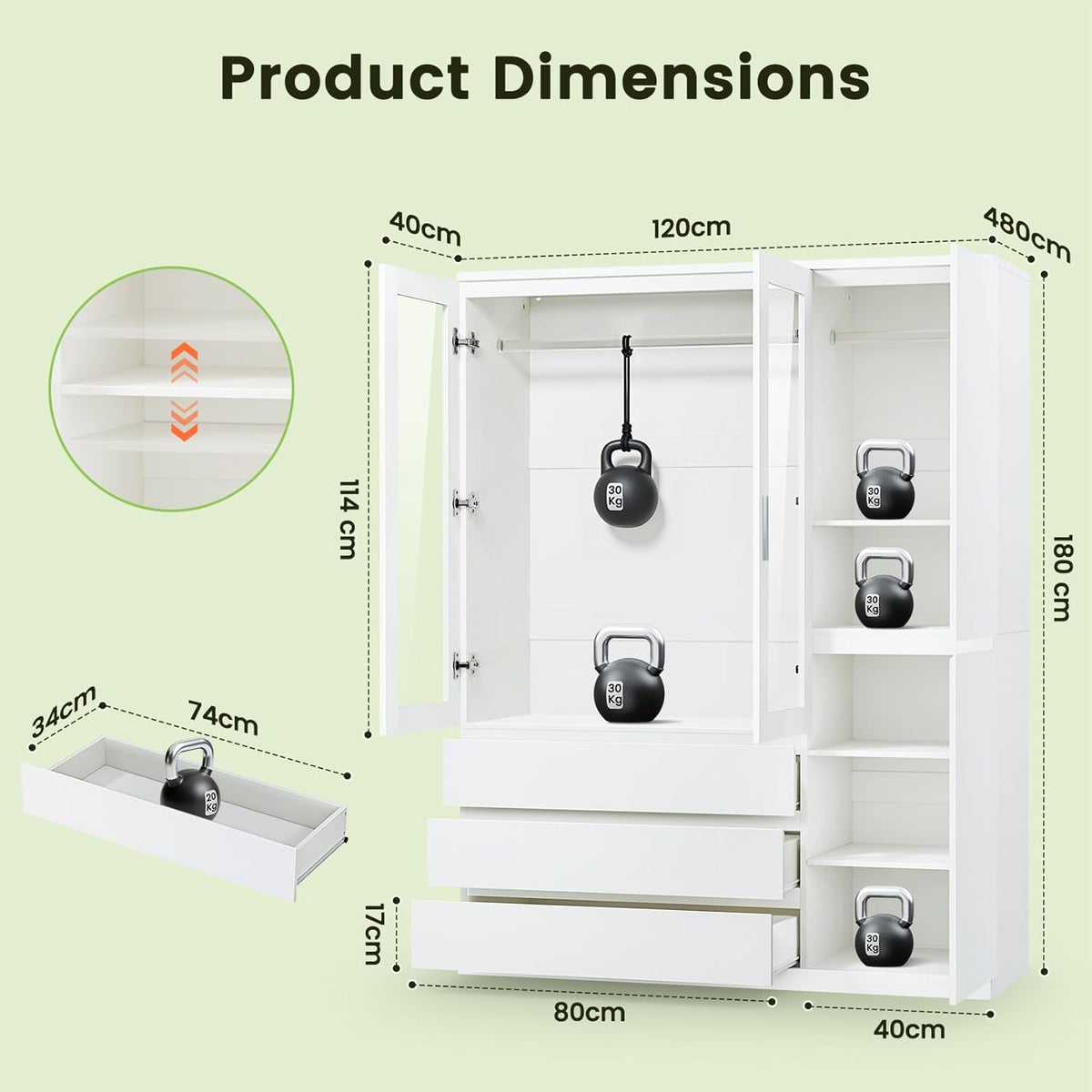 Dripex Vier Tore Schrank, Minimalistischer Wardrobe Closet mit Einer Kleiderstange und 3 Schubladen | 120 x 48 x 180cm | Weiß, Kleiderschrank für Schlafzimmer Kleiderschränke