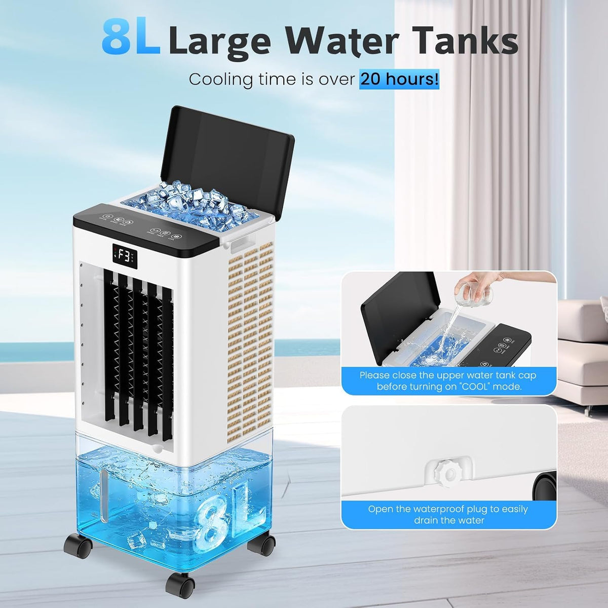 Klimaanlage Mobil Ohne Abluftschlauch, Verdunstungskühler Großer Wassertank 60W, Leiser Turmventilator Schlafmodus, 4 Modi 3 Geschwindigkeiten 1-12h Timer 60/120° Oszillierend Fernbedienung 4 Kühlakku