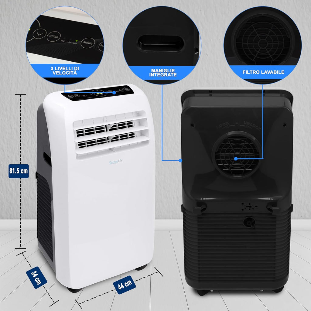 SereneLife Mobile Klimaanlage 4 kW 9000 BTU – L52 dB Leises Klimagerät für Schlafzimmer bis 20 m², Angenehme Kühlung an heißen Tagen, mit Entfeuchter, Lüfter & Fernbedienung