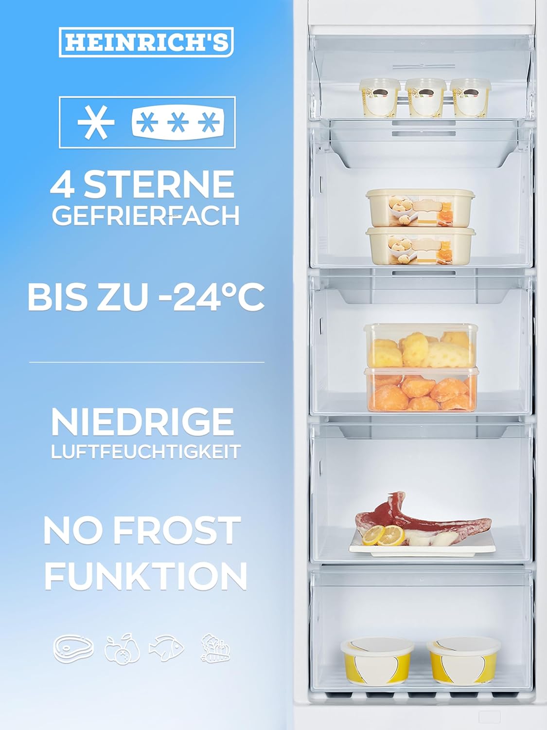 Heinrich´s Gefrierschrank Temperatur:-14°C~-24°C, Freezer, No-Frost Schutz, Gefrierschubladen + Gefrierfach, LED-Display,Airflow, wechselbarer Türanschlag, Alarmfunktion
