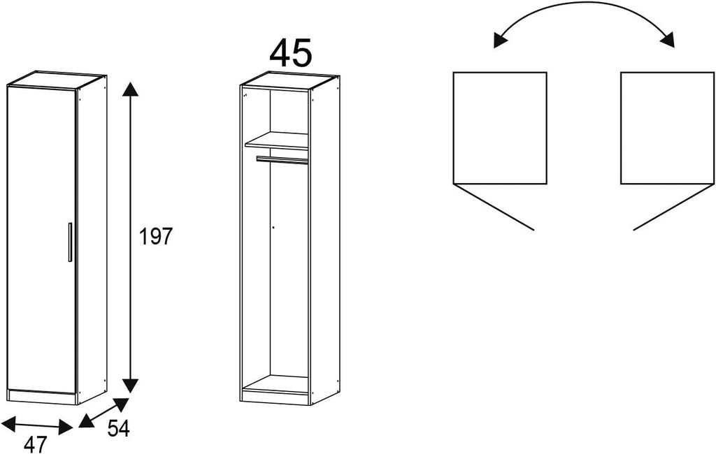 Rauch Möbel MINOSA, Garderobenschrank für Flur, Eingangsbereich, Schlafzimmer, Kleidung 1-türig, mit 1 Kleiderstange und 1 Einlegeboden, Farbe Weiß, Breite 47 cm