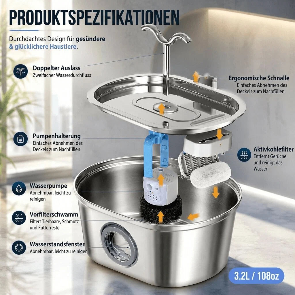 Katzen Trinkbrunnen aus Edelstahl | Samtbrunnen
