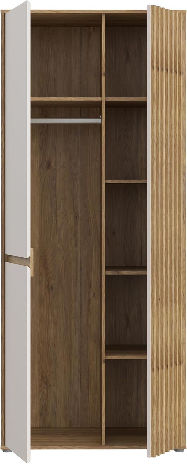 Forte ELISTON Kleiderschrank 80 90, moderner Kleiderschrank mit Lamellendesign, 2-türig, Holzwerkstoff, Schlafzimmer, Mauvella Eiche Holzdekor|Kashmir Beige, 84 cm breit x 200,1 cm hoch x 54 cm tief