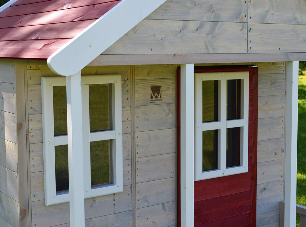M6 Kinder Spielhaus Holz Outdoor, Gartenhaus für Kinder FSC Holz, 120×120×155 cm, mit Kunststofffenstern, Veranda, Regal, Tür, Kinderspielhaus für Garten, wetterfest, Rot