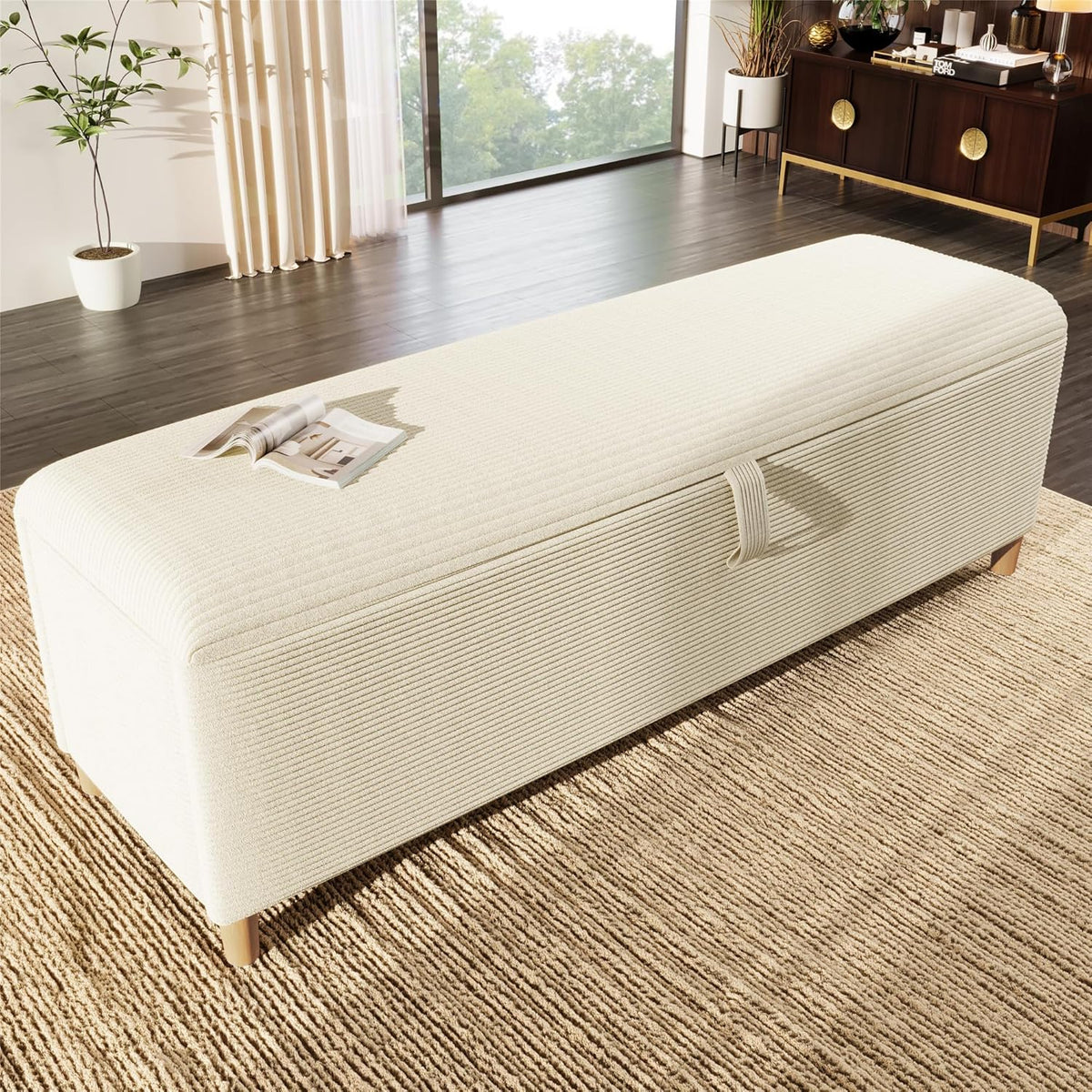 Polsterbank mit Hydraulischem Stauraum, 175 x 38 x 46 cm Aufbewahrungsbox, Bettbank Sitzbank für Flur, Wohnzimmer, Schlafzimmer, Cordstoff, Beige