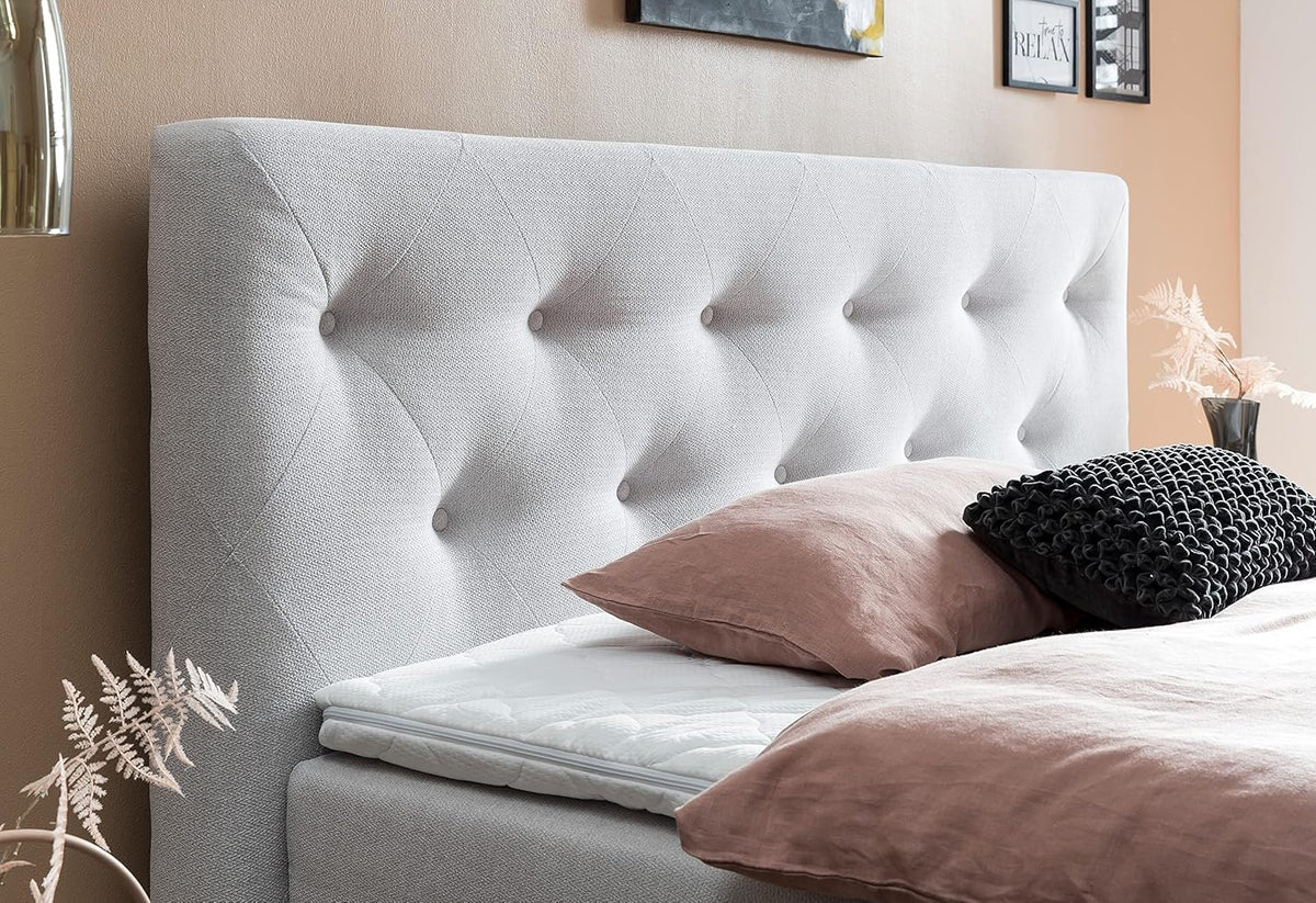 Belanoti MARBO Boxspringbett 180x200 mit Bettkasten 7-Zonen Taschenfederkern Matratze inklusive Visco Topper Bett 180x200 Eiche in der Farbe Weissgrau H2/H3 Polsterbett mit Massivholz Eiche