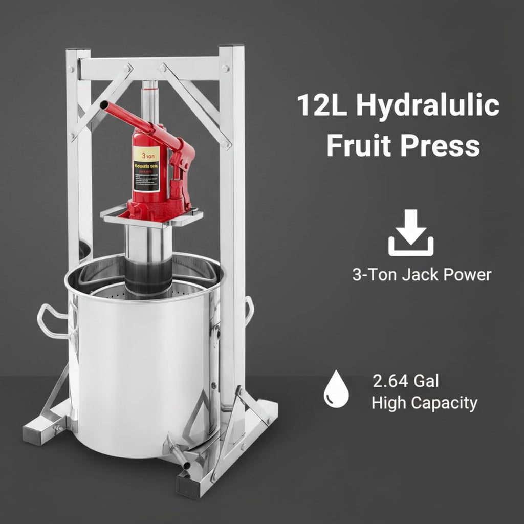 12L Hydraulische Obstpresse, 304 Edelstahl Fruchtpresse mit 3T Hydraulikheber, Manueller Entsafter, Innenfilter-Eimer, Weinpresse, Apfelweinpresse, Ideal für Wein, Most & Fruchtsäfte