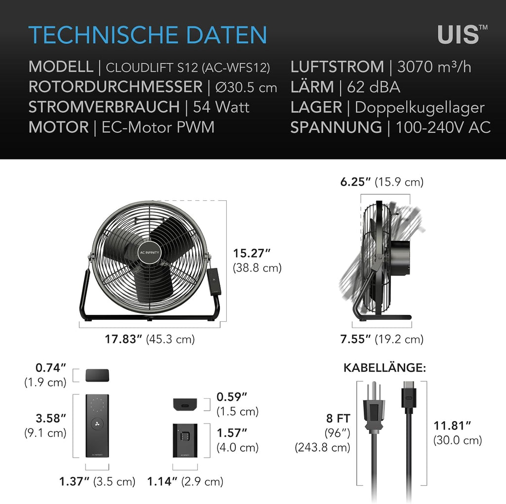AC Infinity CLOUDLIFT S12 – Industrieller Wandventilator 300 mm mit kabellosem 10-Stufen-Drehzahlregler, EC-Motor, hohe Luftleistung, für Hydroponik Gewächshaus und Werkstatt Standfuß oder Wandmontage