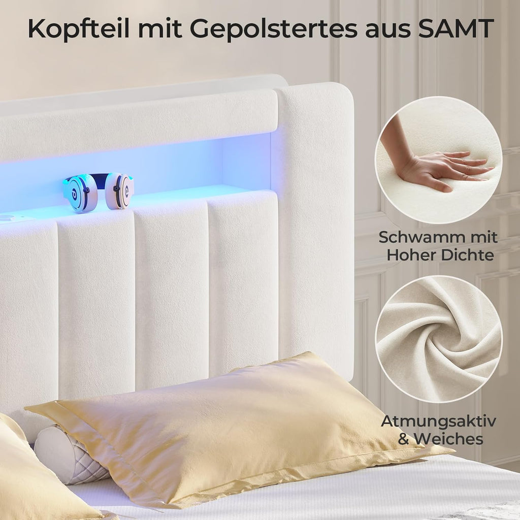 AOGLLATI Polsterbett 160x200 cm mit Stauraum - 4 Schubladen, Doppelbett mit LED-Beleuchtung & Ladestation, Bettgestell mit Kopfteil aus Samt, Bett mit Lattenrost ohne Matratze
