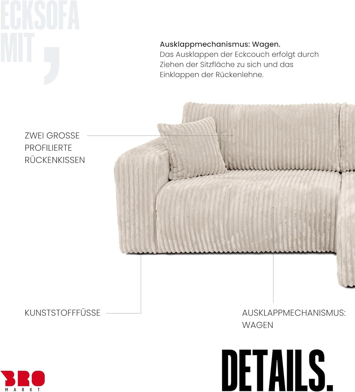 BROMARKT Ecksofa mit Schlaffunktion Creme Couch L-Form Cordstoff Sofa mit Bettkasten Wohnzimmer Schlafcouch Schlafsofa mit Stauraum Eckcouch 3 Sitzer Wohnlandschaft 244x148x82 cm TILIO