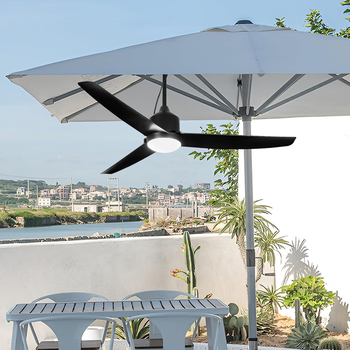 Deckenventilator mit Beleuchtung und Fernbedienung IP65 Wasserdicht Aussen Ventilator Dimmbar Fan Deckenleuchte Moderne Lampe mit Ventilator Leise Ventilatorlicht für Schlafzimmer Balkon Außen