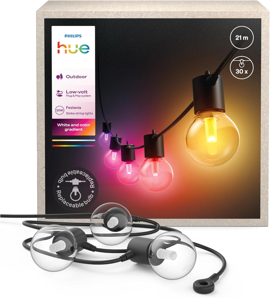 Hue Festavia Globe Außenlichterkette, White & Color Ambiance, 21 M LED Lichterkette, 30 Lampenkugeln, dimmbare Gartenbeleuchtung funktioniert per Hue App, Alexa, Google Assistant, Home