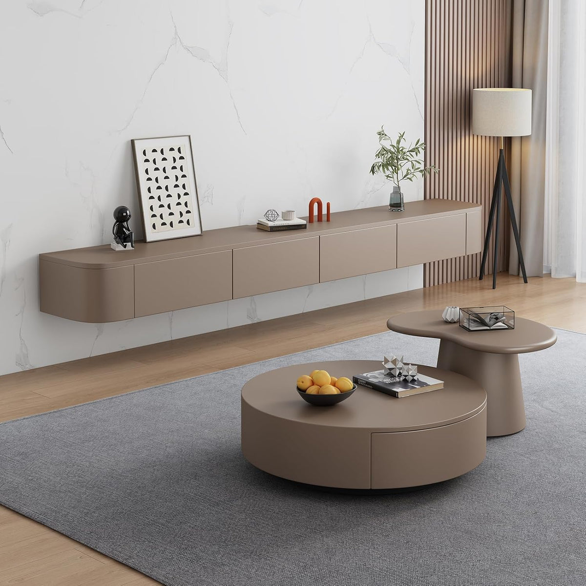 Schwebender TV-Ständer, Wandmontierte TV-Regale Mit Tür, TV-Medienkonsole, Schwebender TV-Schrank, Große TV-Bank Mit Stauraum Unter Dem Fernseher(Khaki,300CM/118.1")