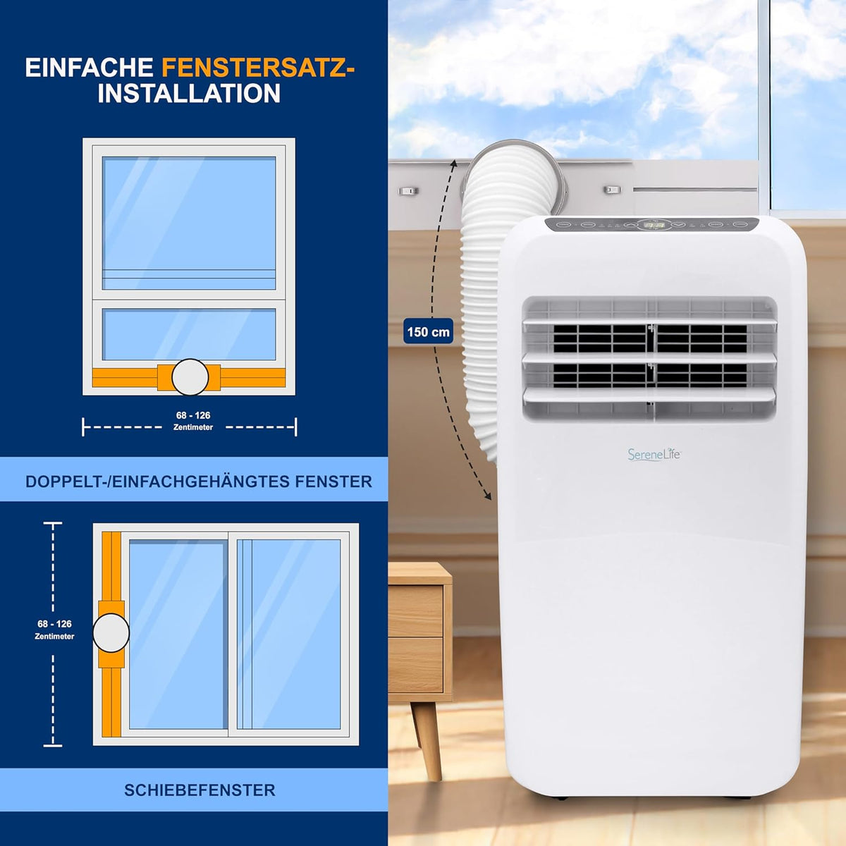 SereneLife Mini Klimaanlage mobil, 3-in-1 mobiles Klimagerät mit Abluftschlauch – Luftkühler, Luftentfeuchter & Ventilator, Air conditioner – 9.000 BTU, 1,5L Feuchtigkeit/Stunde, kühlt Räume bis 42 m2