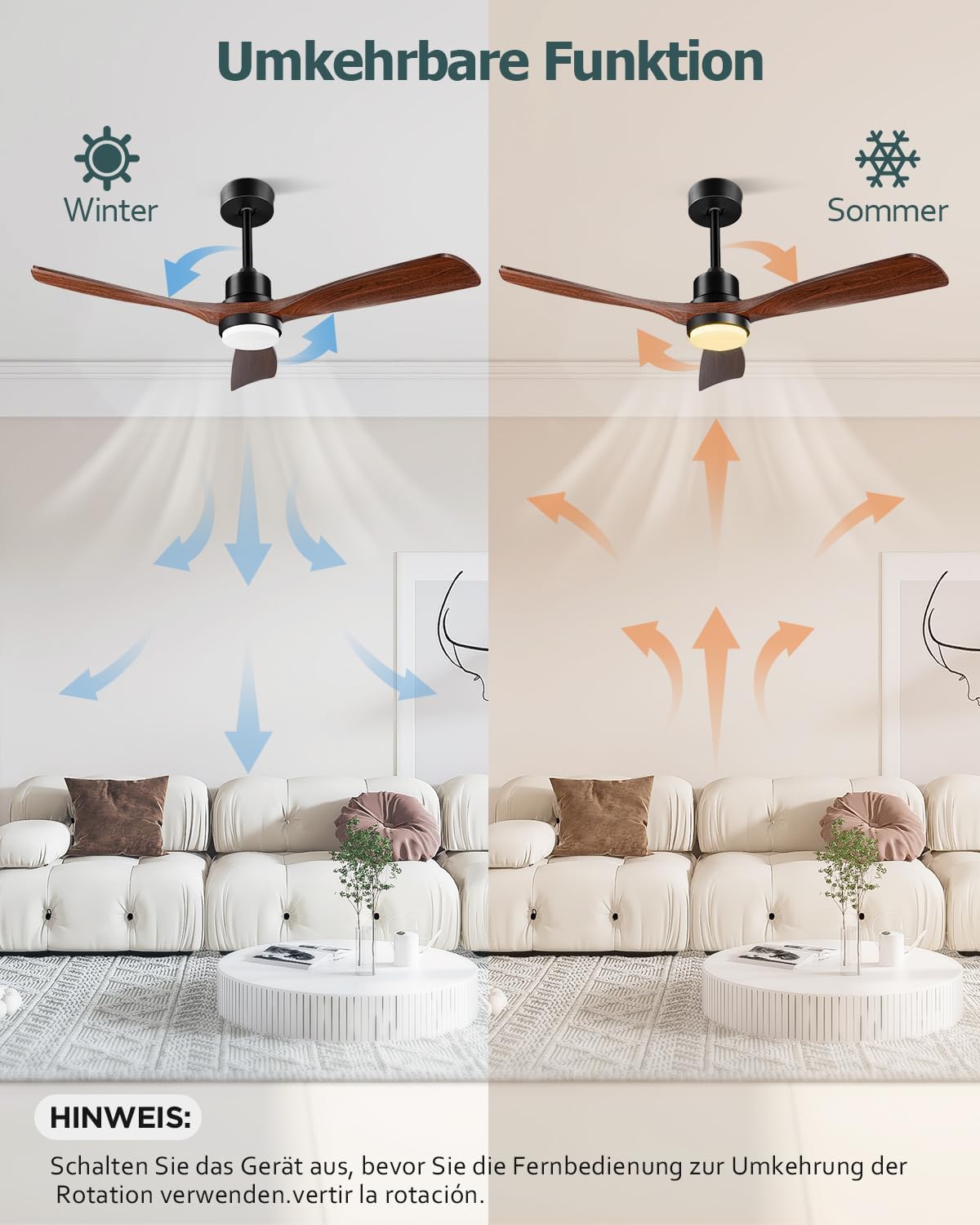 Deckenventilator mit Beleuchtung und Fernbedienung, Leise DC Motor, 132 cm/52 Zoll, 3 Holz Flügeln, Timer, 6 Geschwindigkeiten, ETL-gelistet, Sommer Winterbetrieb für Schlafzimmer